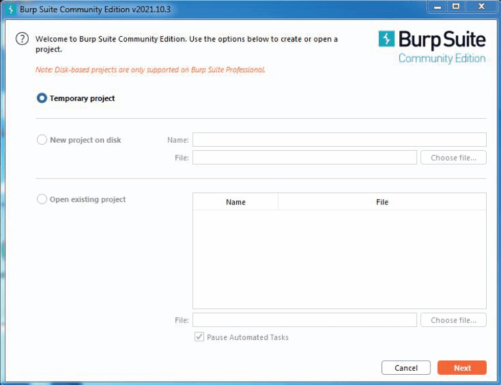 Burp Suite Windows Temporary Project 