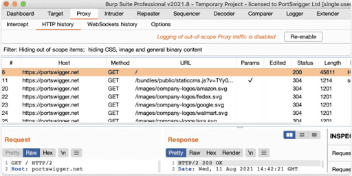 Viewing the HTTP history