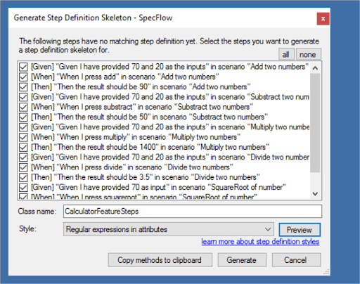 Generate Step Definition Skeleton - SpecFlow